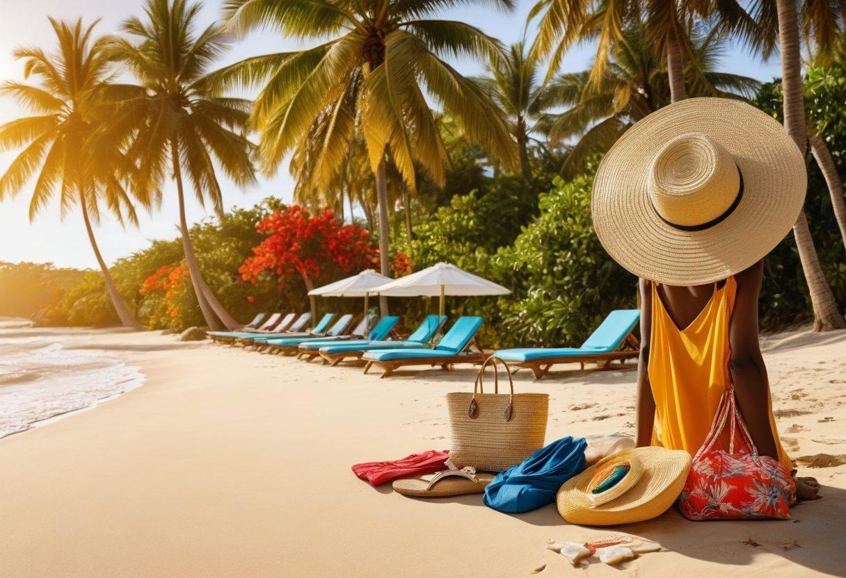A stylish display of various beachwear and swim essentials, including vibrant swimsuits, trendy cover-ups, sun hats, and beach bags, all arranged on a sandy beach with gentle waves in the background. Soft sunlight illuminating the scene, with palm trees swaying in a slight breeze, creating a perfect summer vibe. Emphasize bright colors and textures, inviting viewers to envision their beach getaway. super-realistic. vibrant colors. tropical background.